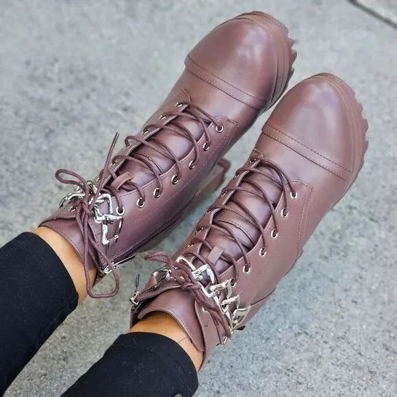Women's Platform Heel Boots Chunky Ankle Lace Up Mocha Color