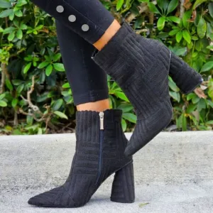 Women's Pointed Toe Zipper Chunky Heel Ankle Boots