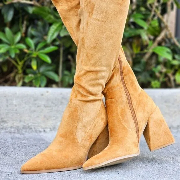 Women's Tan Over The Knee pointed Chunky Block Heel Boots