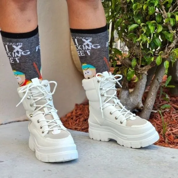 Women's White Chunky Block High Heel Ankle Combat Booties