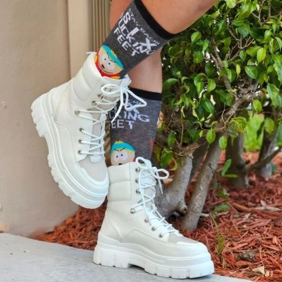 Women's White Chunky Block High Heel Ankle Combat Booties