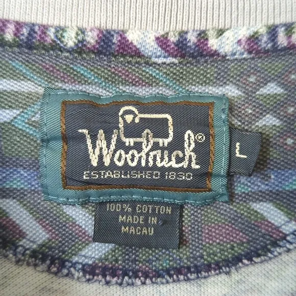 Woolrich 80's Vintage Funky Aztec Printed Short Sleeve Henley Polo Shirt Blue L