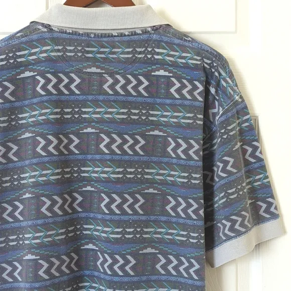 Woolrich 80's Vintage Funky Aztec Printed Short Sleeve Henley Polo Shirt Blue L