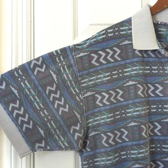 Woolrich 80's Vintage Funky Aztec Printed Short Sleeve Henley Polo Shirt Blue L
