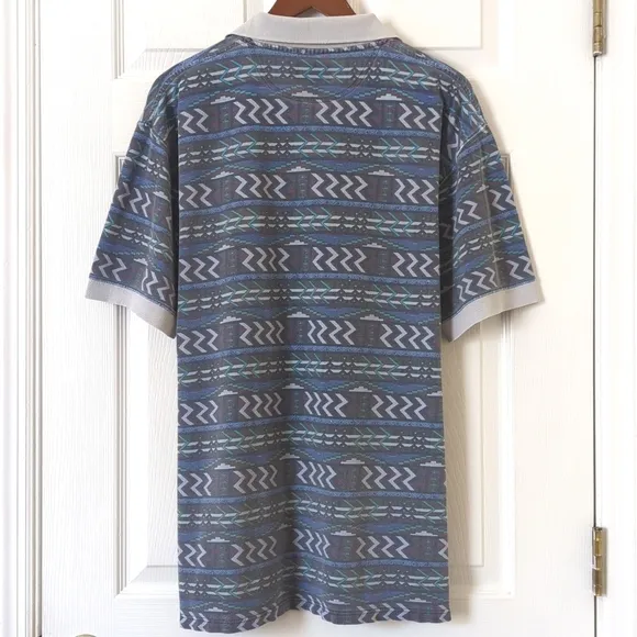 Woolrich 80's Vintage Funky Aztec Printed Short Sleeve Henley Polo Shirt Blue L