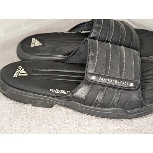 Y2K Adidas Slides 2G Superstar Fit Foam Slippers Mens Sz 14 Black On Black RARE