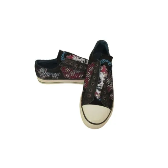 Y2K Don-Ed Hardy Black Lace less Fishnet/Mesh Skull Sneakers Size 10