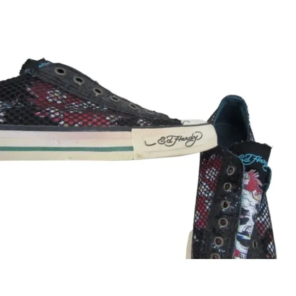 Y2K Don-Ed Hardy Black Lace less Fishnet/Mesh Skull Sneakers Size 10