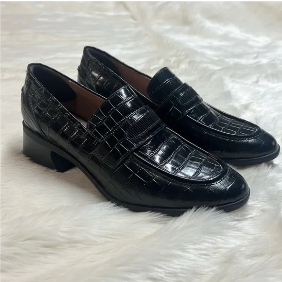 Zac Posen leather embossed loafers in black crocodile pattern