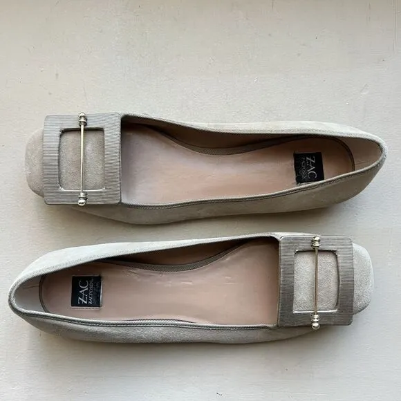 Zac Zac Posen Vonte Taupe Gray Suede Buckle  Square Toe Slip On Ballet Flats 9.5