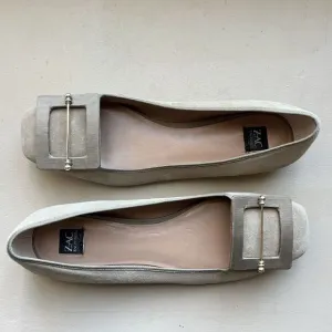 Zac Zac Posen Vonte Taupe Gray Suede Buckle  Square Toe Slip On Ballet Flats 9.5