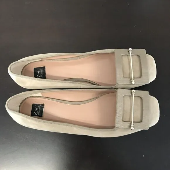 Zac Zac Posen Vonte Taupe Gray Suede Buckle  Square Toe Slip On Ballet Flats 9.5