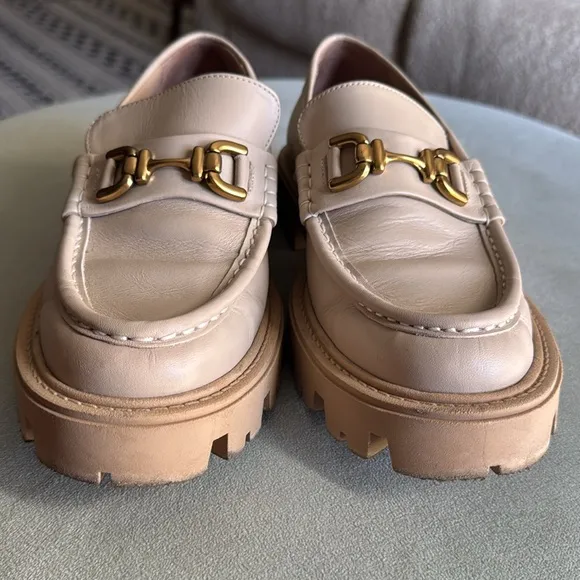 ZARA Beige Leather Gold Buckle Lug Sole Loafers Women