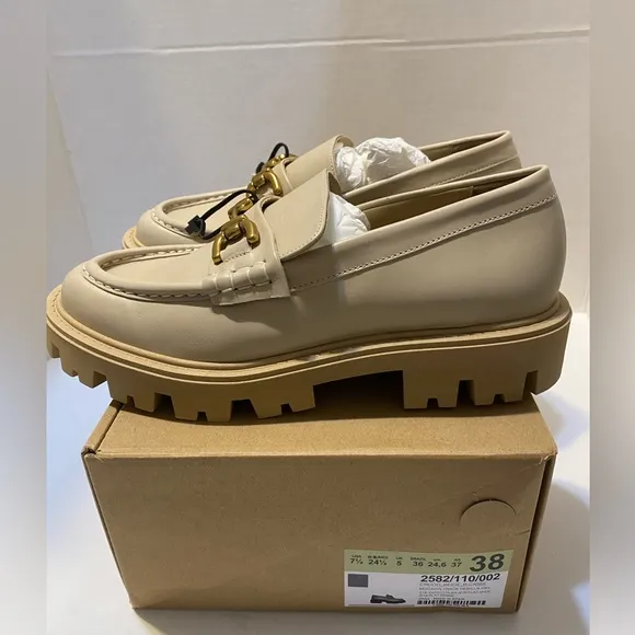 Zara Leather Buckle Lug Sole Loafers Sz 7.5, 9