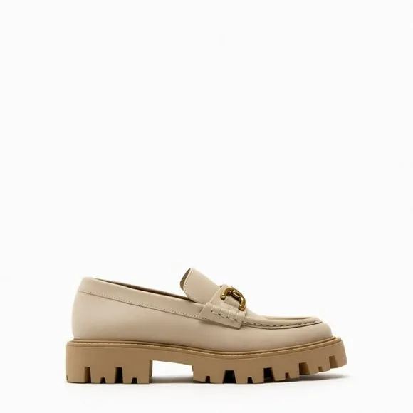 Zara Leather Buckle Lug Sole Loafers Sz 7.5, 9