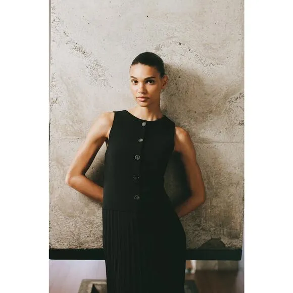 Zara | Pleated Combination Midi Dress – Black (Size M)