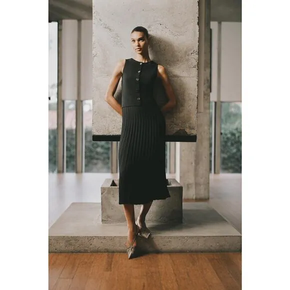 Zara | Pleated Combination Midi Dress – Black (Size M)
