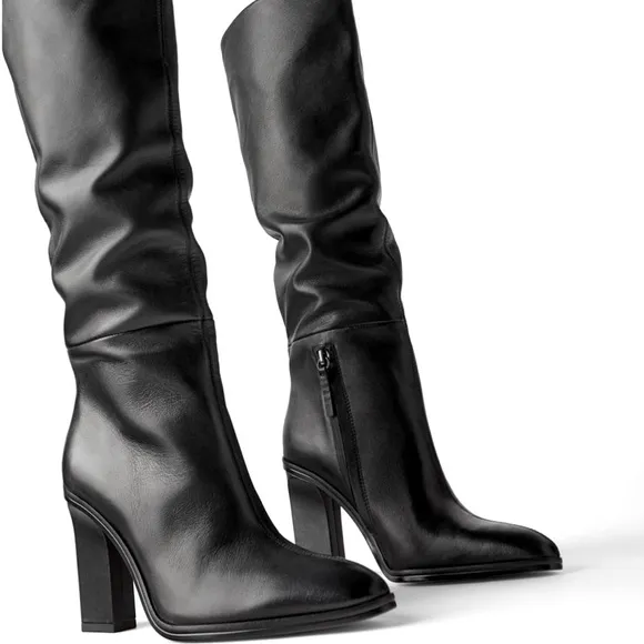 ZARA Slouchy Heeled High Shaft Leather Boots