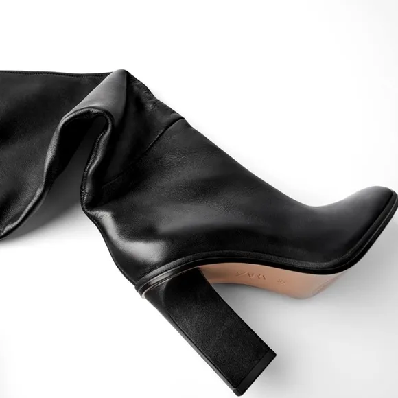 ZARA Slouchy Heeled High Shaft Leather Boots