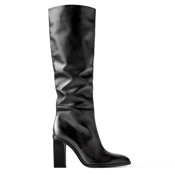 ZARA Slouchy Heeled High Shaft Leather Boots